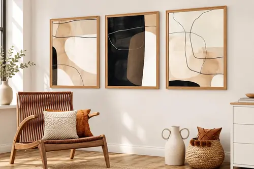 Premium Ahşap Çerçeveli Üçlü İskandinav Bohem Tablo Seti, Set14, 70X50Cm