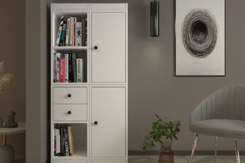 Leksa Modüler 2 Kapak 2 Çekmece Açık Raflı İkili Kolon Kitaplık