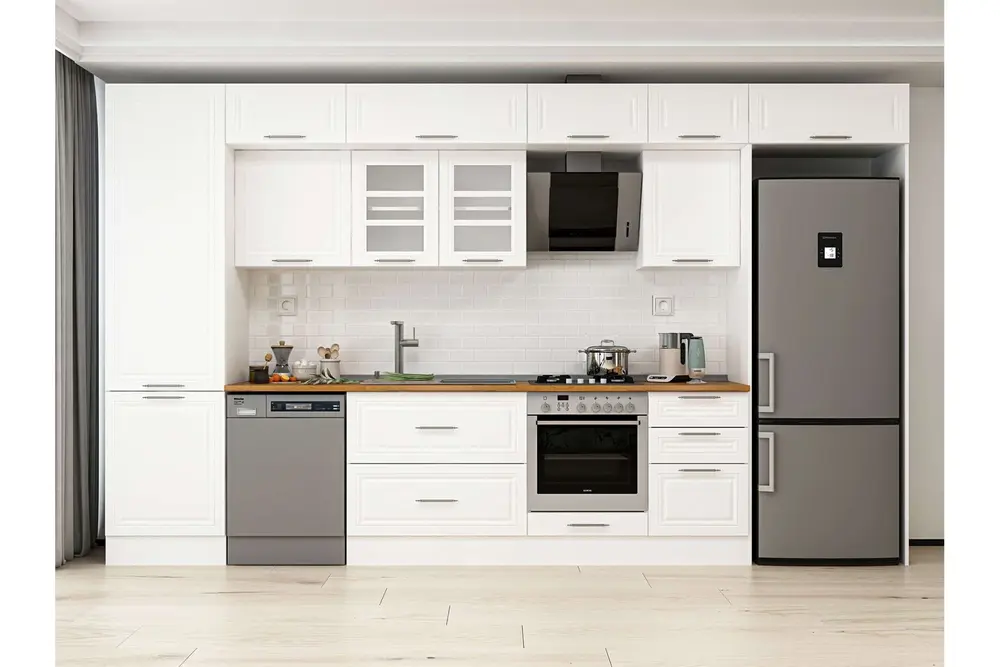 Alvinka 390X240 Cm Klasik Mebran Mutfak Dolabı, Mbb E80B60S50 3 Mebran Beyaz Suntalam