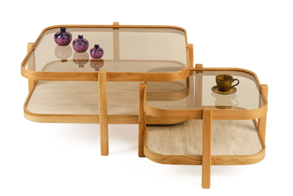 Alaska Orta Ve Yan Sehpa, Mermer Desen, İkili Set, Meşe