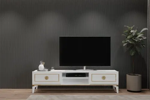 Ceylin Lüx Modern Tv Ünitesi, 2 Kapaklı Raflı, Beyaz