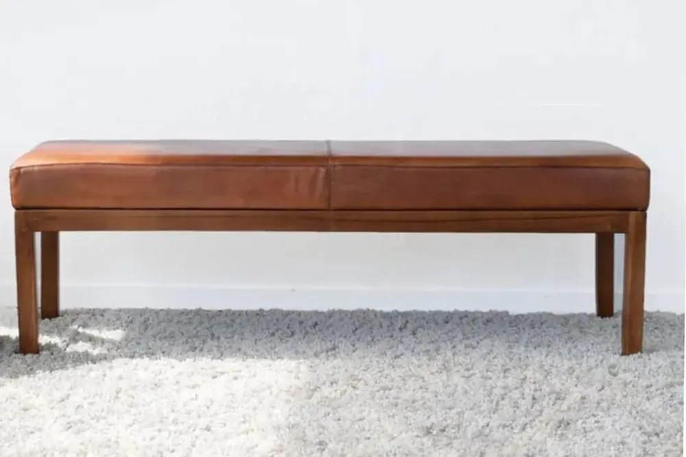 Napolyon Doğal Ahşap Gerçek Deri Bench, Kahve