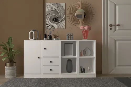 Consola Raflı Dolaplı Çekmeceli Konsol Beyaz 130 Cm Kns-1041-Ç