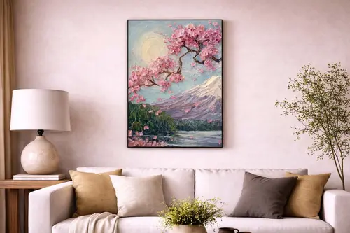 Pembe Çiçeklerin Arkasındaki Dağ Manzarası Orijinal Yağlı Boya Tablo