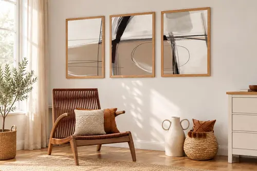 Premium Ahşap Çerçeveli Üçlü İskandinav Bohem Tablo Seti, Set13, 70X50Cm