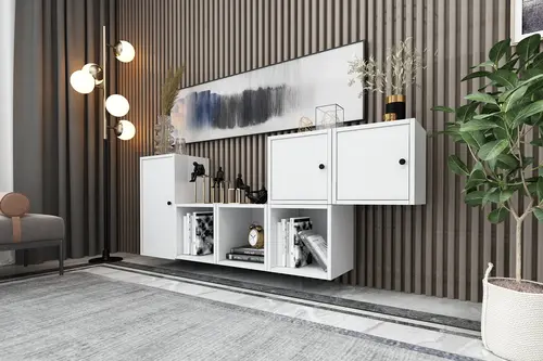 Consola Raflı Dolaplı Duvar Konsolu Beyaz 201 Cm Kns-1140-Ç