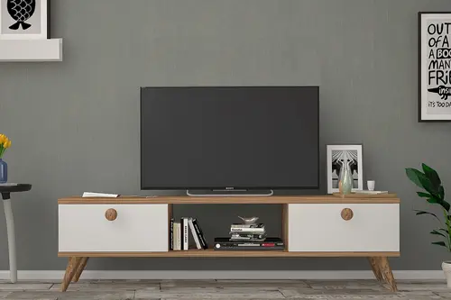 Emre Ahşap Ayaklı Tv Sehpası, Atlantik Çam Beyaz, 140 Cm