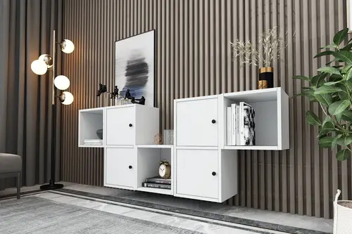 Consola Raflı Dolaplı Duvar Konsolu Beyaz 168 Cm Kns-1134-Ç