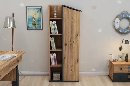 Valerin Kapaklı Kitaplık, Atlantik Çam Antrasit, 5 Raflı