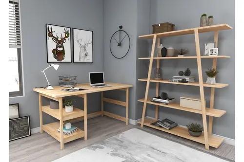 Softcity Doğal Ahşap Çalışma Masa Kitaplık Takımı, Naturel