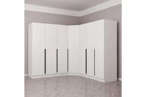 Kaleplus 7 Kapaklı 4 Çekmeceli Köşe Dolap Beyaz Mebran Beyaz Çizgili 190Cm