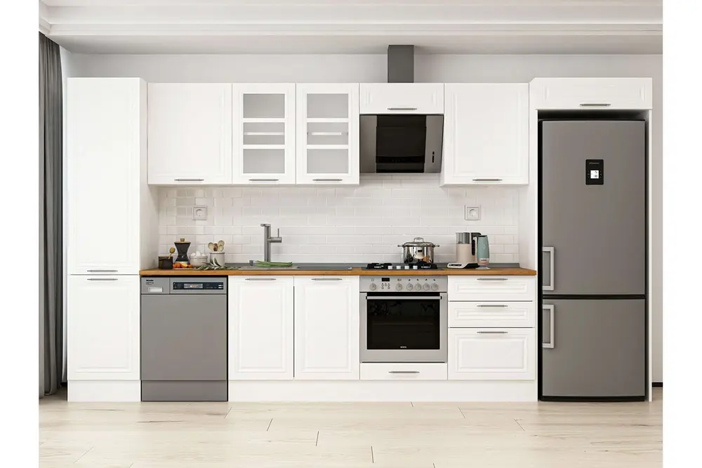 Alvinka 400X222 Cm Klasik Mebran Mutfak Dolabı, Mbb E90B50S60 3 Mebran Beyaz Mdf