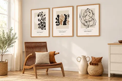 Premium Ahşap Çerçeveli Üçlü İskandinav Bohem Tablo Seti, Set3, 50X35Cm