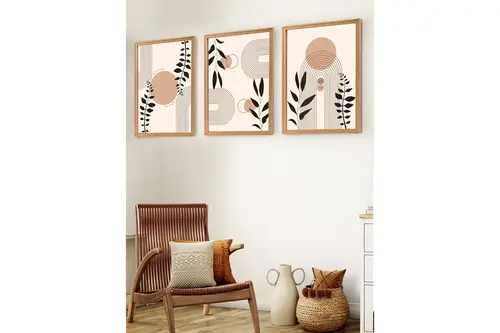 Premium Ahşap Çerçeveli Üçlü İskandinav Bohem Tablo Seti, Set1, 50X35