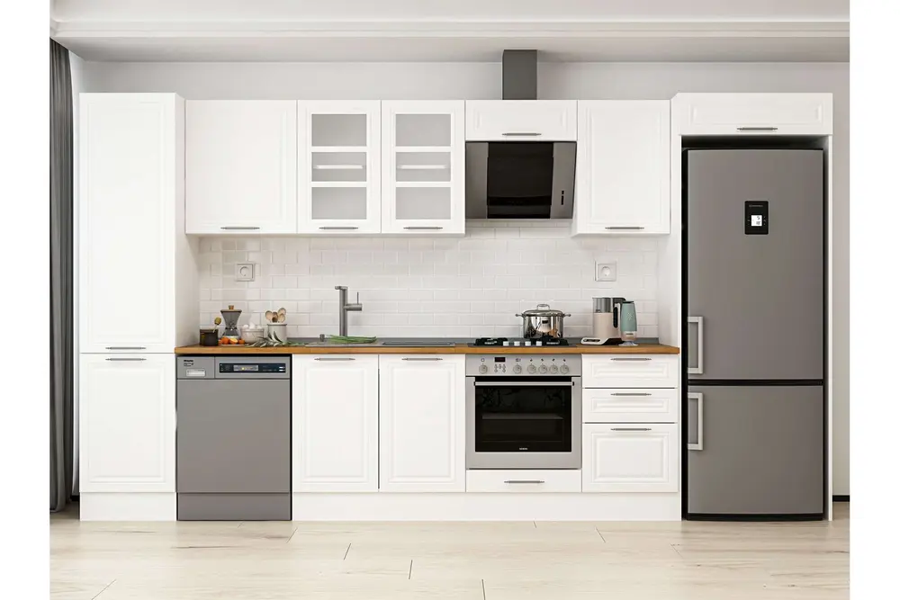 Alvinka 390X222 Cm Klasik Mebran Mutfak Dolabı, Mbb E90B50S50 3 Mebran Beyaz Suntalam