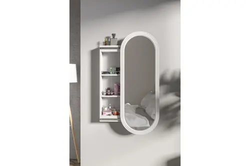 Mina Aynalı Takı Ve Aksesuar Dolabı, Oval, Beyaz