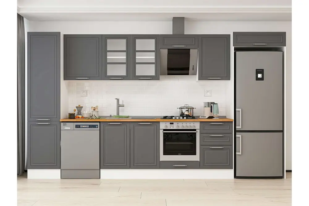 Alvinka 390X222 Cm Klasik Mebran Mutfak Dolabı, Mbb E90B50S50 3 Mebran Antrasit Mdf