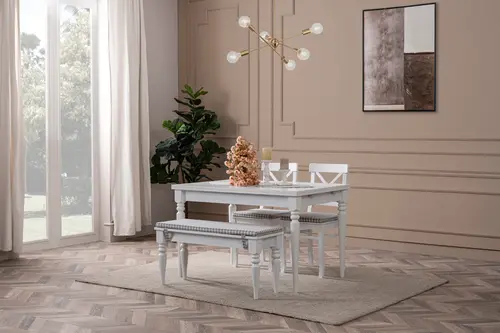 White Çizilmez Açılır Masa Ve Bench Takımı, 110X70