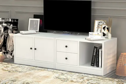 Leron Dolaplı Çekmeceli Tv Ünitesi Beyaz 130 Cm Tv 1009 Ç