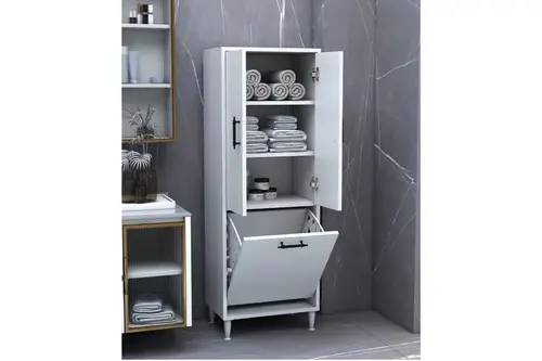 Emily Kirli Çamaşır Sepetli Kapaklı Banyo Dolabı, Beyaz