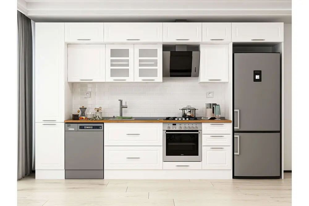 Alvinka 370X240 Cm Klasik Mebran Mutfak Dolabı, Mbb E80B45S45 3 Mebran Beyaz Suntalam