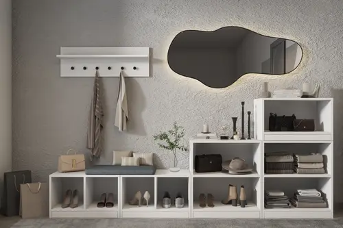 Luna Raflı Askılıklı Puflu Beyaz Vestiyer 259 Cm Vst 1093
