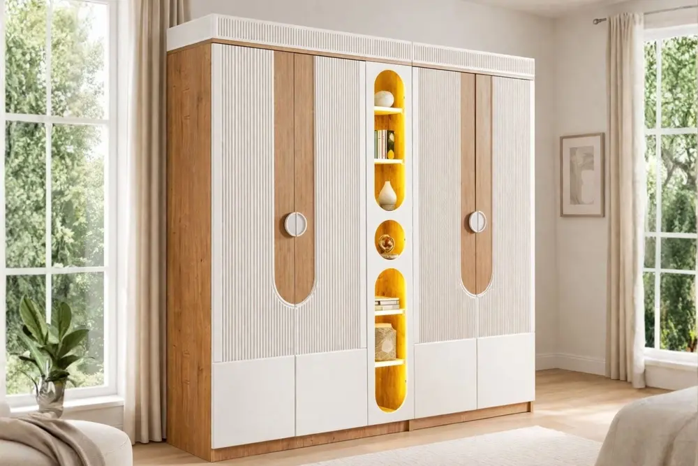 Vira New 4 Kapaklı Ledli Kitaplıklı Dolap, Krem Ceviz