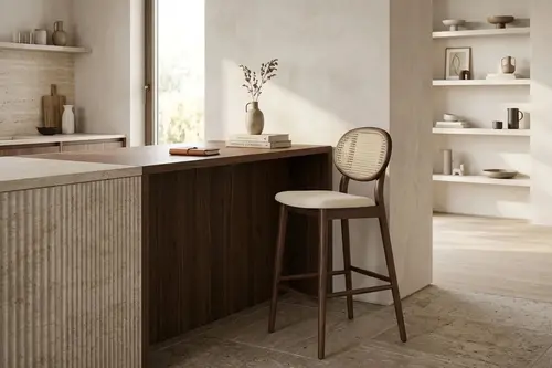 Oslo Bar Sandalyesi, Ceviz Ahşap, Krem Kumaş