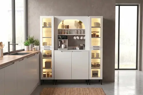 Hiera Altı Kapaklı Ledli Camlı Kiler Dolabı, Kahve Köşesi, Beyaz, 160 Cm