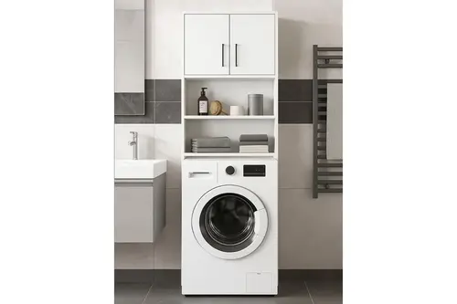 Lumy Çamaşır Makinesi Banyo Dolabı, Beyaz, Kapaklı 4 Raflı