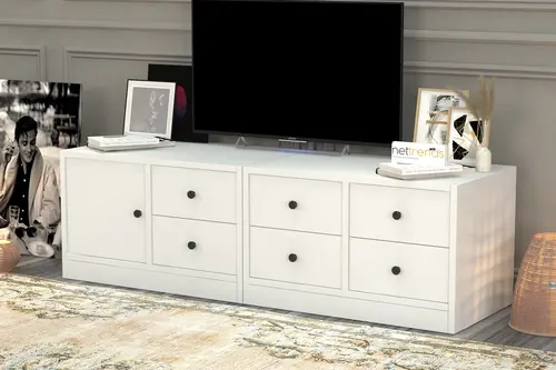 Leron Dolaplı Çekmeceli Tv Ünitesi Beyaz 130 Cm Tv 1011 Ç