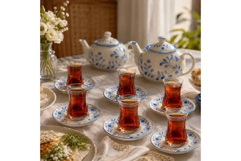 Altılı Çay Seti Mavi Beyaz