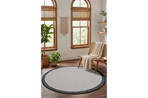 Fresco Ekru Siyah Sisal Daire Halı 23745D, 120X120