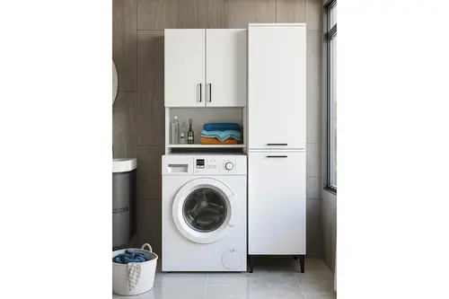 Brillon Singa Çamaşır Makinesi Banyo Dolabı, Kirli Sepetli, Beyaz, 2 Kapaklı