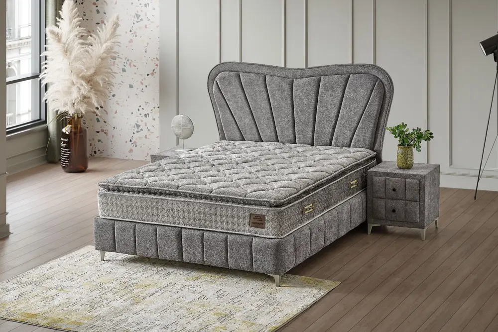 Elegant Baza Başlık Yatak Seti, Gri, 150X200