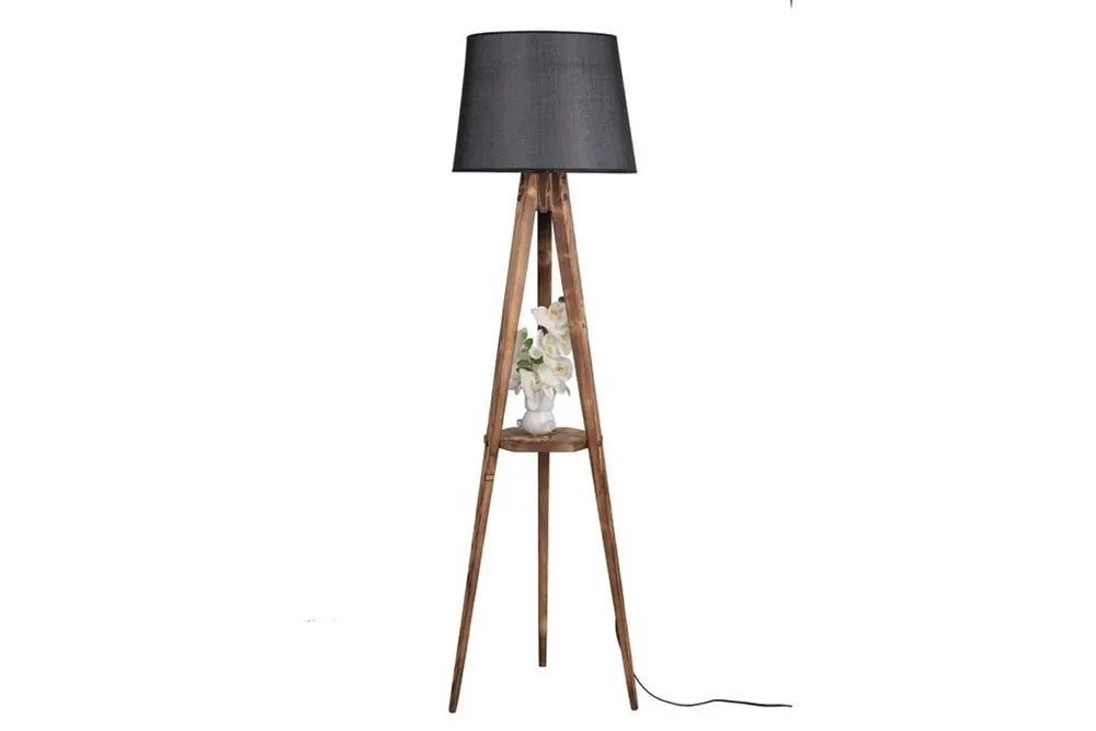 Sehbalı Tripod Yanık Lambader Pramit Hasır Siyah Abajurlu