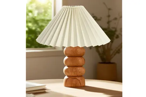 Ahsena Handmade Ahşap Pileli Abajur, Krem