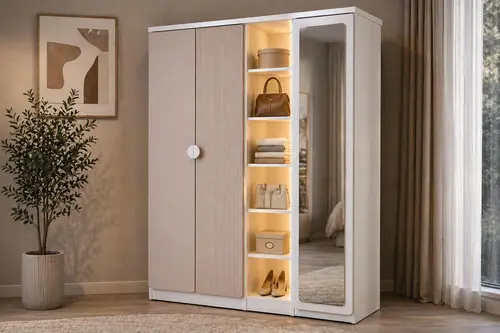 Adelya 3 Kapaklı Ledlı Kıtaplıklı Aynalı Gardırop