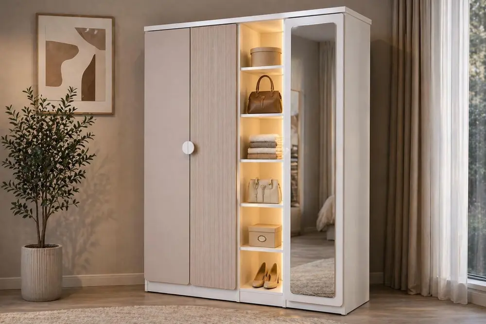 Adelya 3 Kapaklı Ledlı Kıtaplıklı Aynalı Gardırop