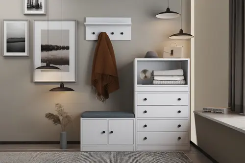Luna Puflu Raflı Askılıklı Çekmeceli Beyaz Vestiyer Çıtasız 130 Cm Vst 1107 Ç