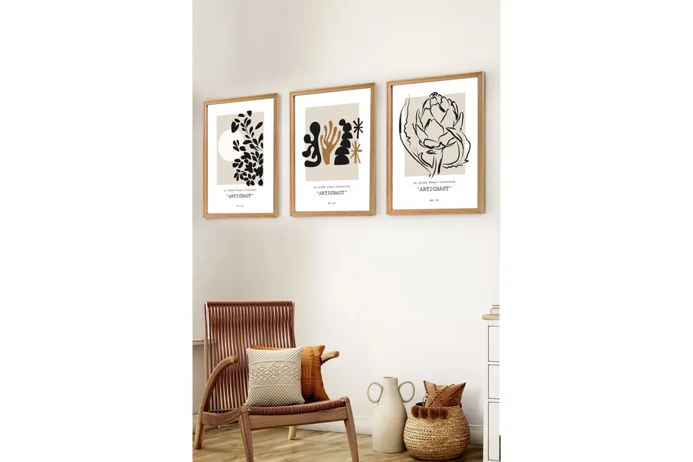 Premium Ahşap Çerçeveli Üçlü İskandinav Bohem Tablo Seti, Set3, 70X50