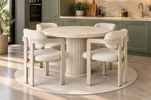 Madera Yuvarlak Yemek Ve Mutfak Masası Takımı, Traverten, 90 Cm, 4 Kişilik