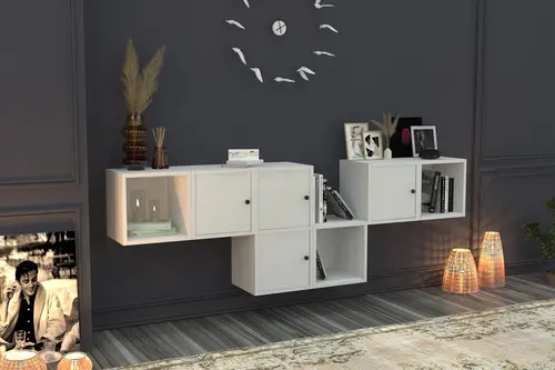 Leksa 4 Kapaklı Duvar Raflı Kitaplık 202 Cm Beyaz Ktp-1458-Ç