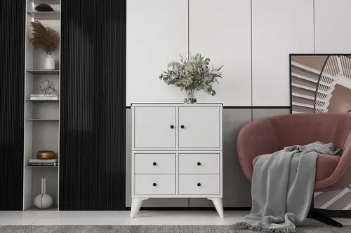 Consola Ayaklı Iki Kapaklı Dört Çekmeceli Raflı Beyaz Konsol Çıtasız Kns-1248-Ç