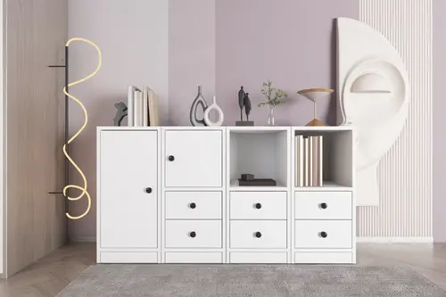 Consola Raflı Dolaplı Çekmeceli Konsol Beyaz 130 Cm Kns-1045-Ç