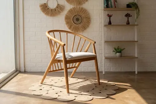 Kaburga Sandalye, Naturel Ahşap, Krem Kumaş