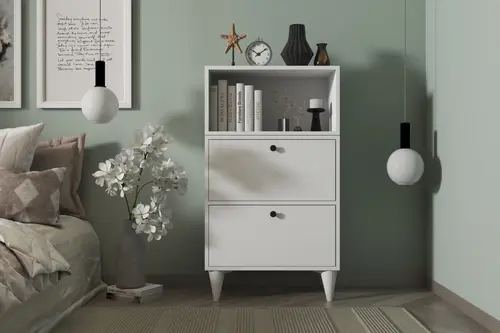 Consola Sandara 2 Düşer Kapaklı Açık Raflı Ayaklı Beyaz Konsol
