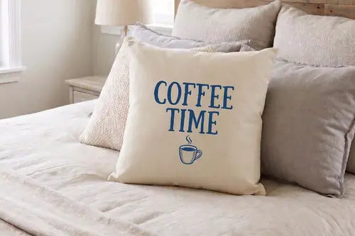 Maki Home Transfer Baskılı Desenli Kırlent Kılıfı, Mavi Coffee Time Desenli, 41X41 Cm