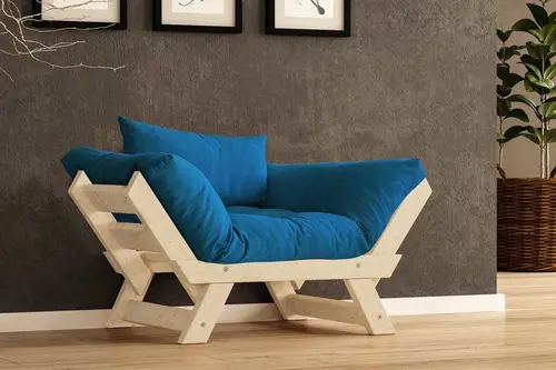Woodesk Adalar Masif Ahşap Berjer, Natural-Mavi Renk