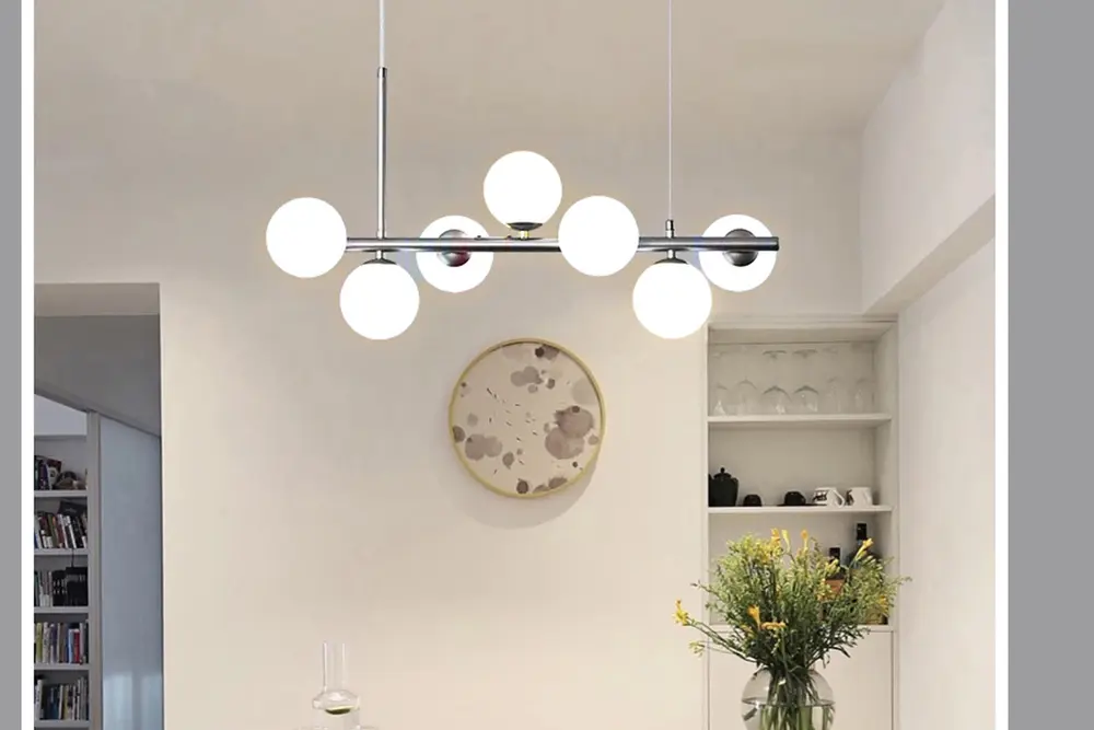 Ayten Silver Sıralı Yedili Avize, Krom Kasalı, Beyaz Camlı
